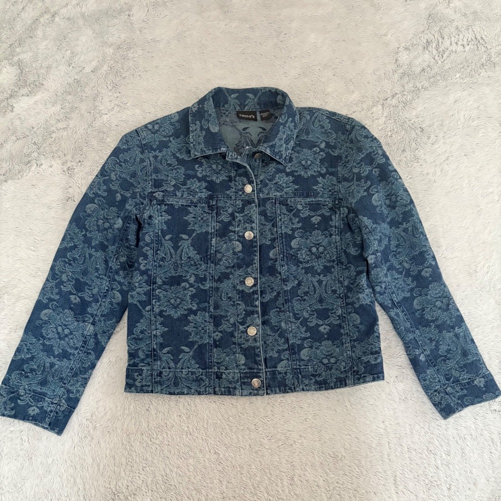 Denim Jacket Jacquard Print Boho Tapestry‎ Floral Grandmacore Cottage Light Sz 0